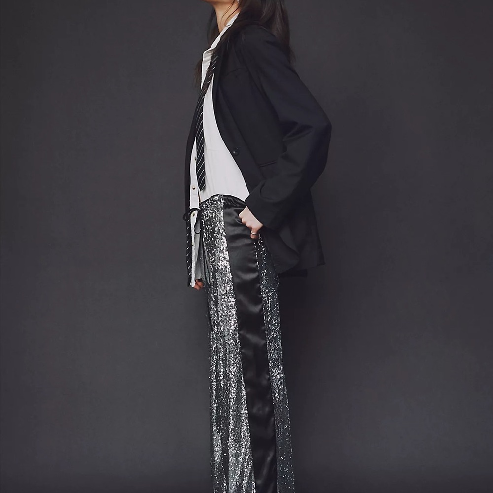 Free People Sparkling Black and Silver Wide Leg Pants